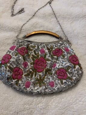 Embellished Pink Floral Beaded Evening Bag - Womens Handbag